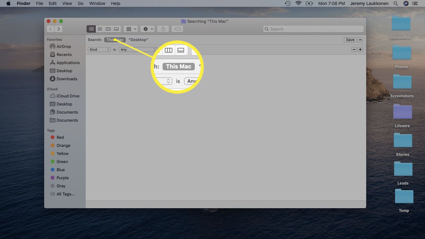 Snímek obrazovky s vyhledávačem Finder v systému macOS.