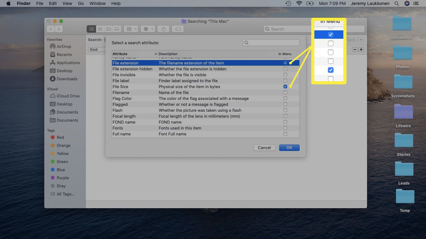 Snímek obrazovky s vyhledávacími atributy vyhledávání v systému macOS.
