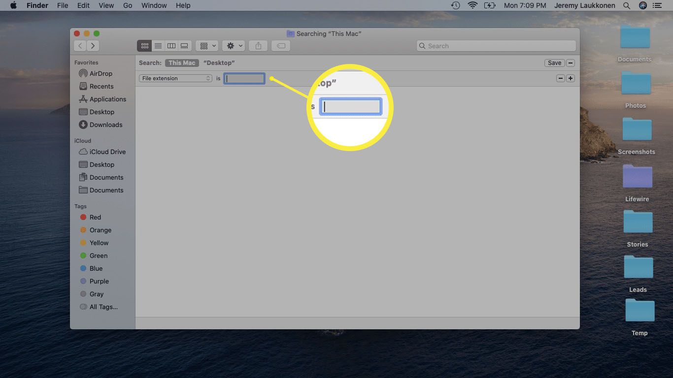 Snímek obrazovky vyhledávacího okna Finderu v systému macOS.