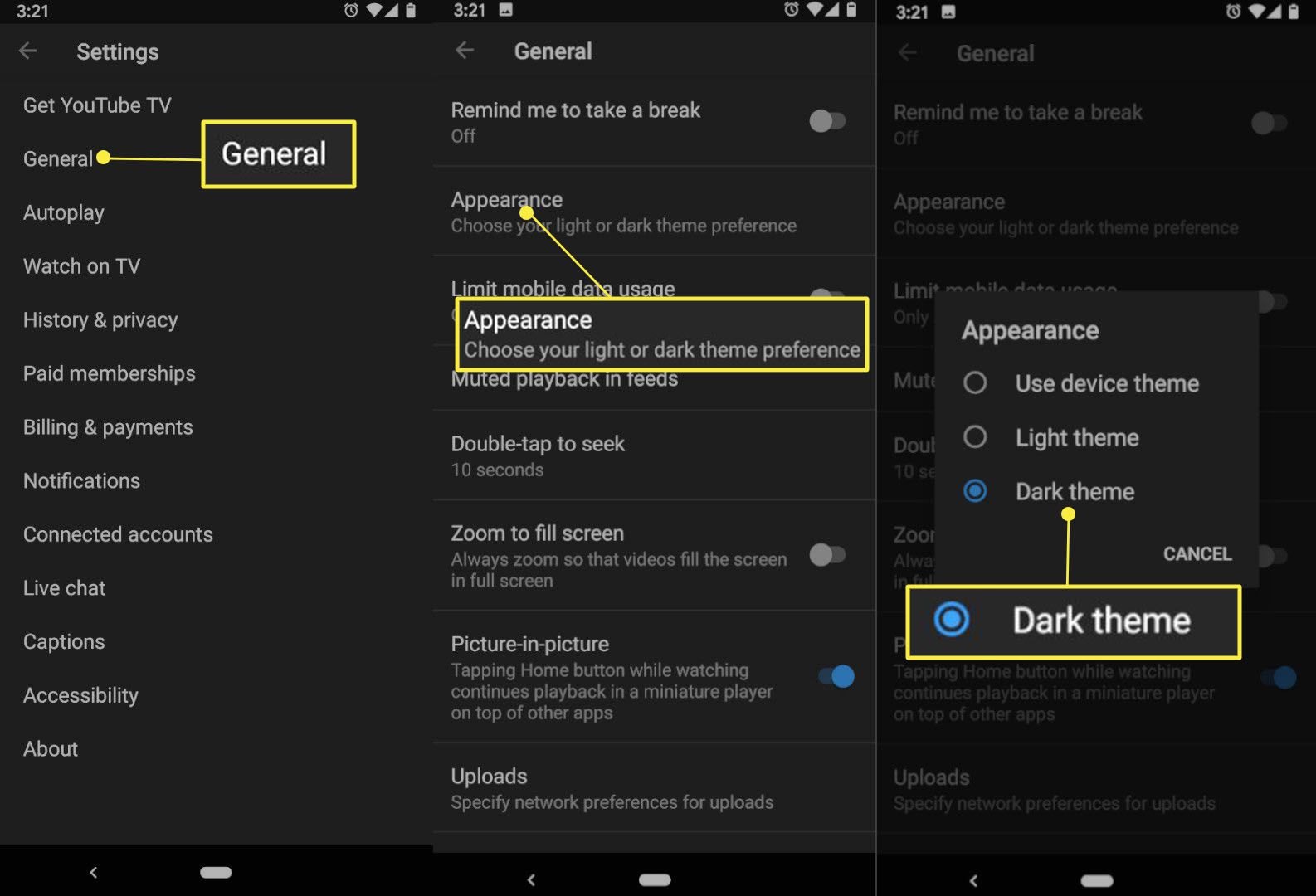 Změna YouTube na tmavý motiv v systému Android