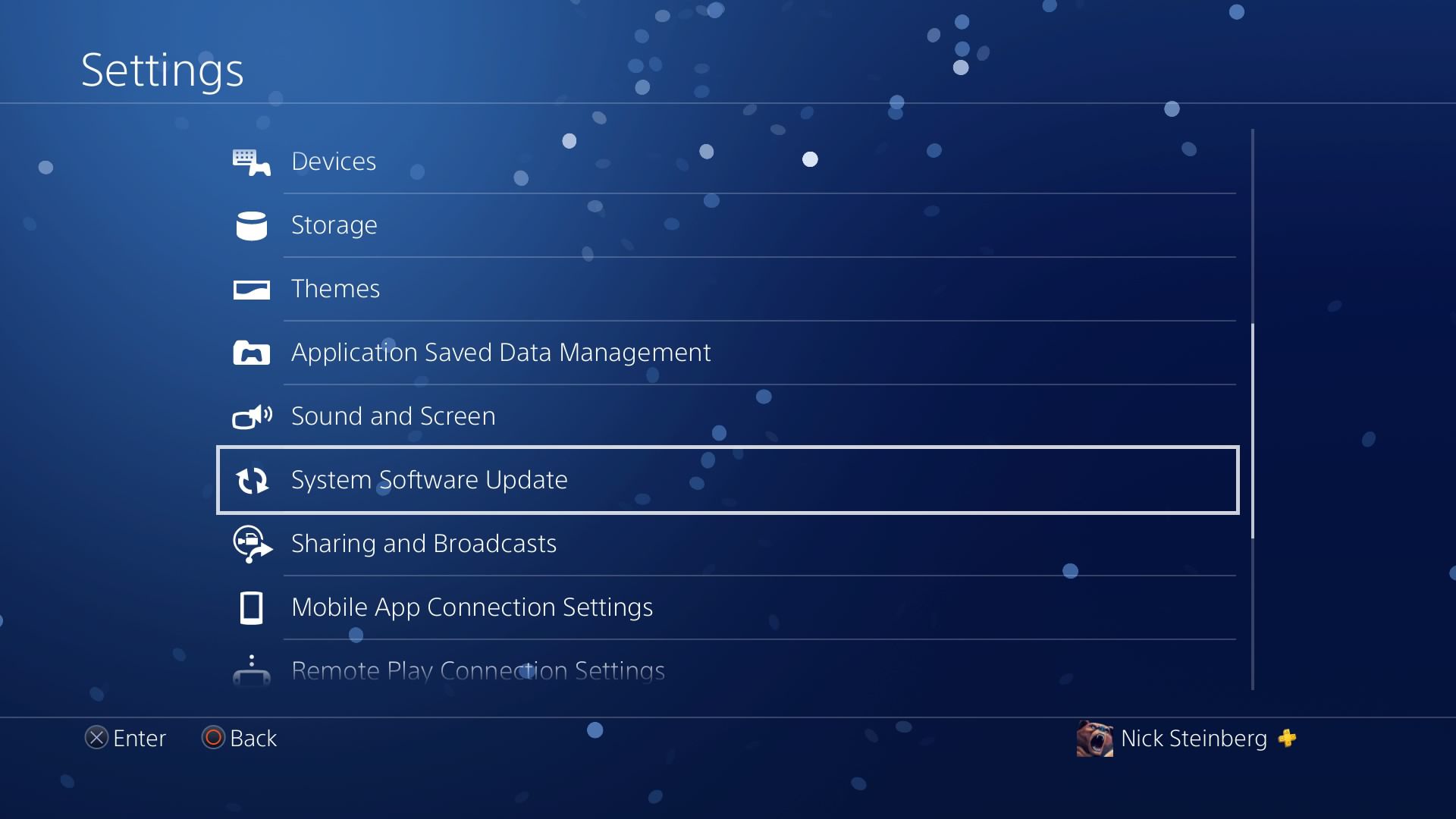 V části Nastavení na systému PS4 vyberte možnost Aktualizace systémového softwaru.