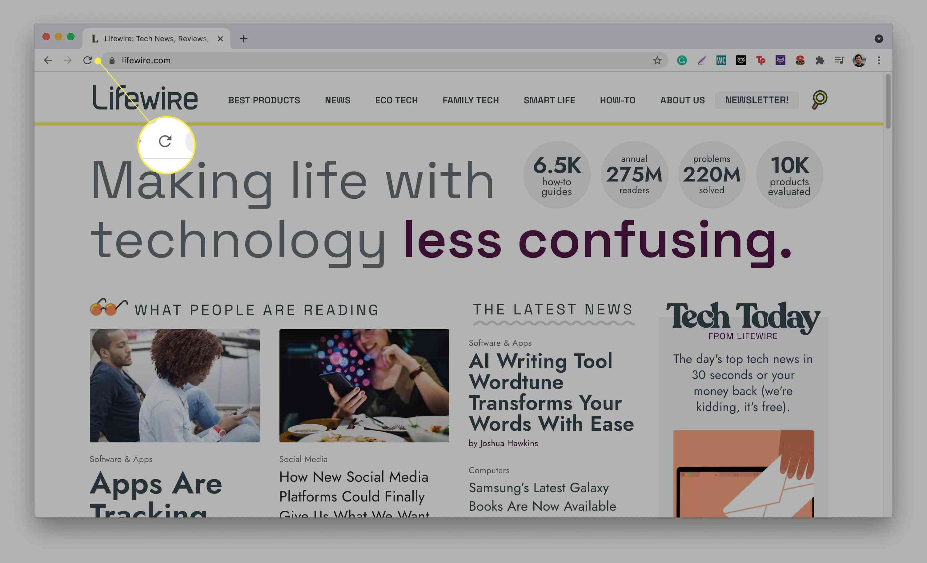 Webový prohlížeč Chrome zobrazující stránku Lifewire se zvýrazněným tlačítkem pro obnovení