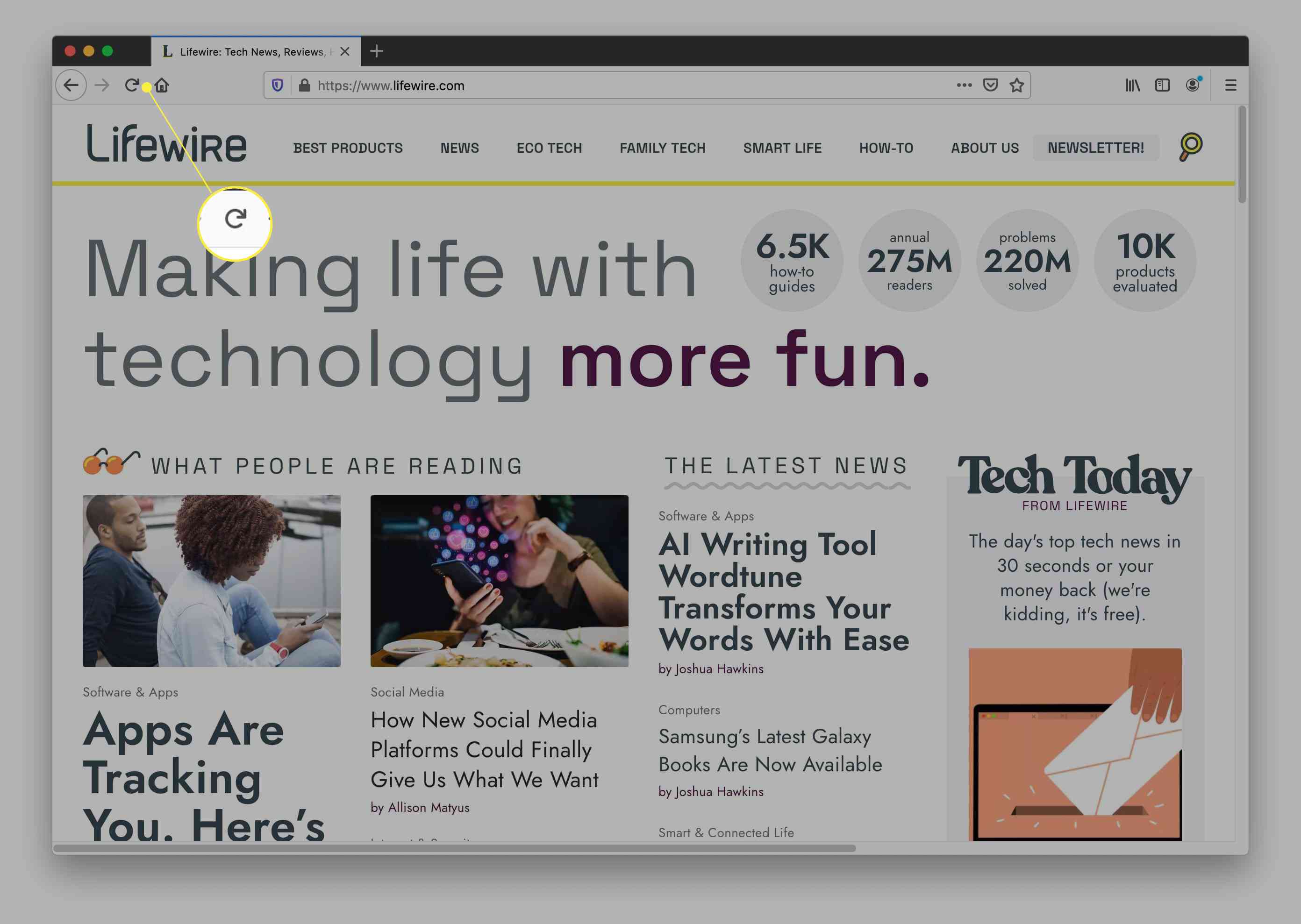Webový prohlížeč Firefox zobrazující web Lifewire se zvýrazněným tlačítkem pro obnovení