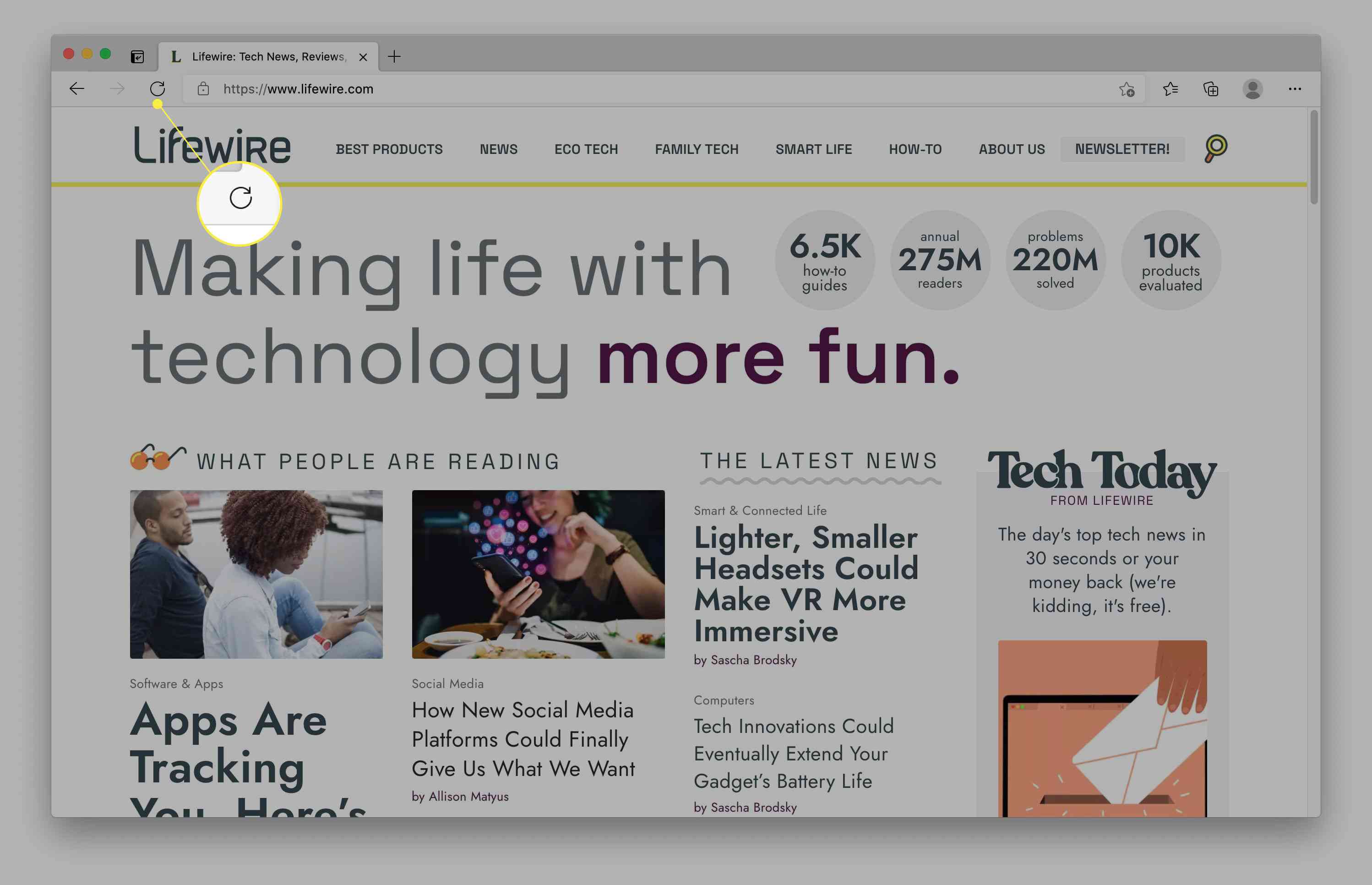 Prohlížeč Edge zobrazující web Lifewire se zvýrazněným tlačítkem pro obnovení