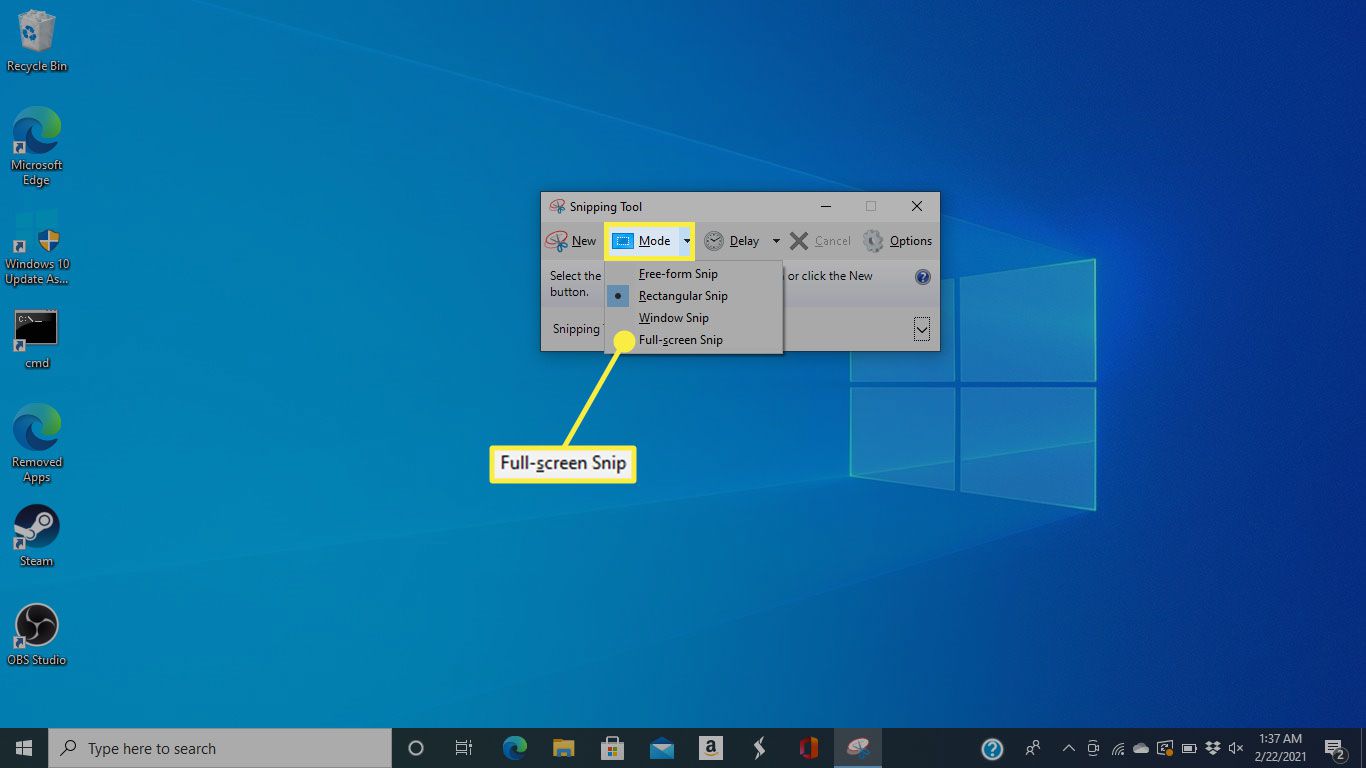 Nabídka Režim a možnost „Celoobrazovkový výstřižek“ v nástroji pro vystřihování Windows 10