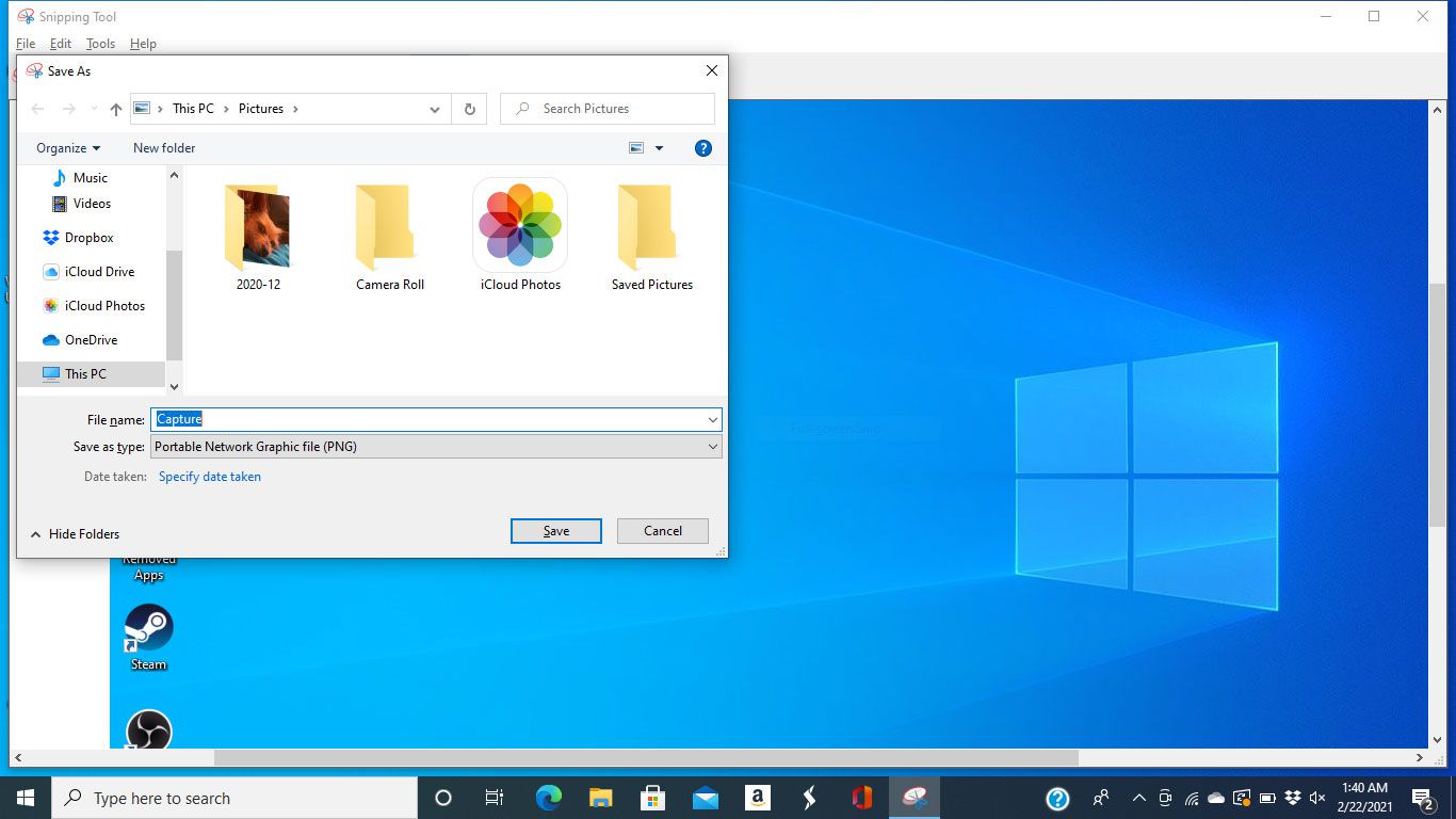 Ukládací okno ve Windows 10 Snipping Tool