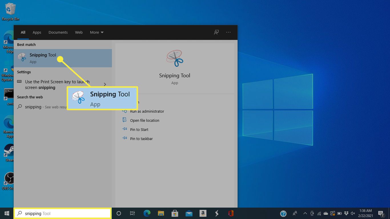 Nástroj pro vystřižení ve výsledcích vyhledávání systému Windows 10