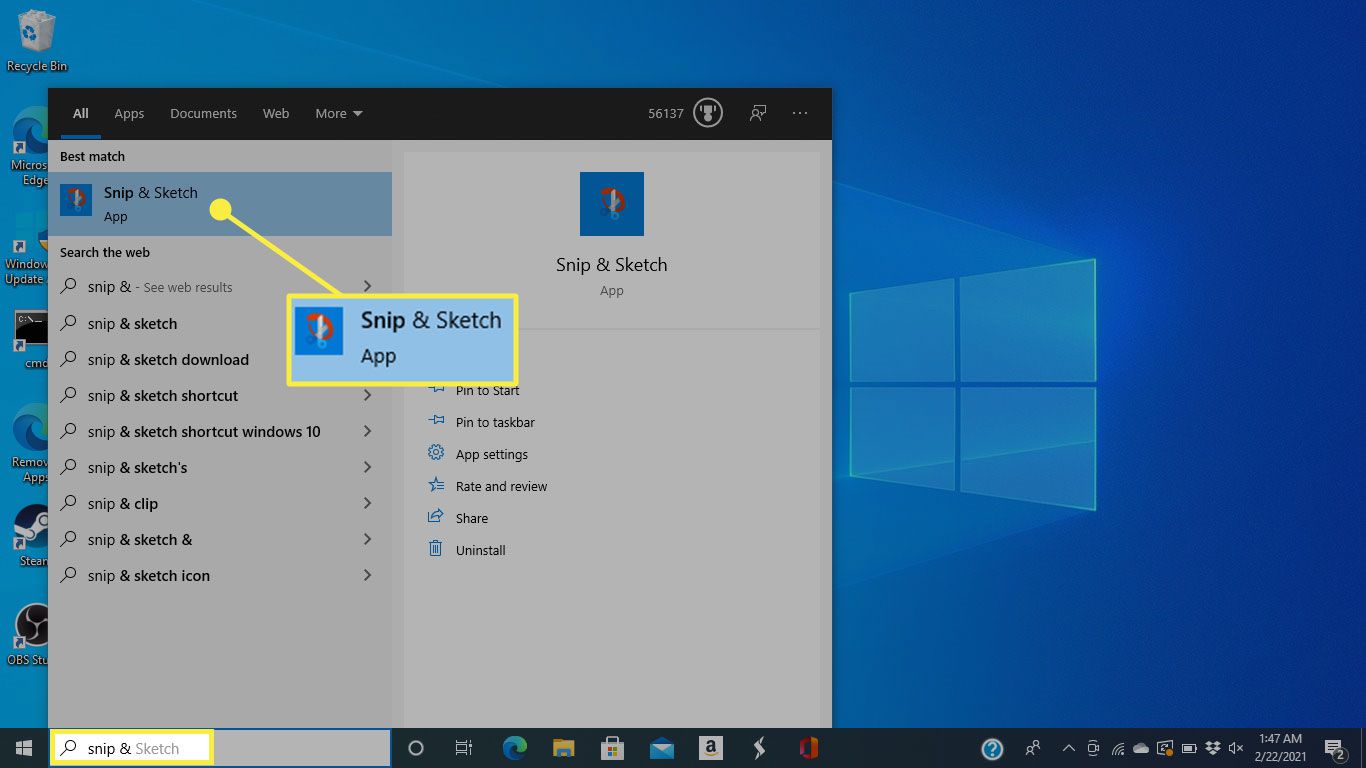 Snip & Sketch ve vyhledávání Windows 10