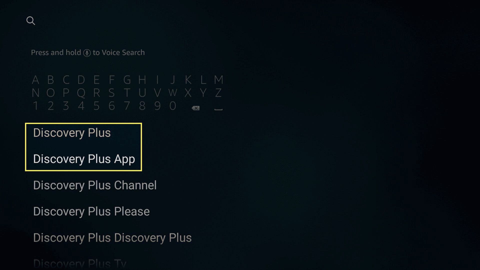 Hledání Discovery Plus ve funkci vyhledávání Amazon Fire TV.