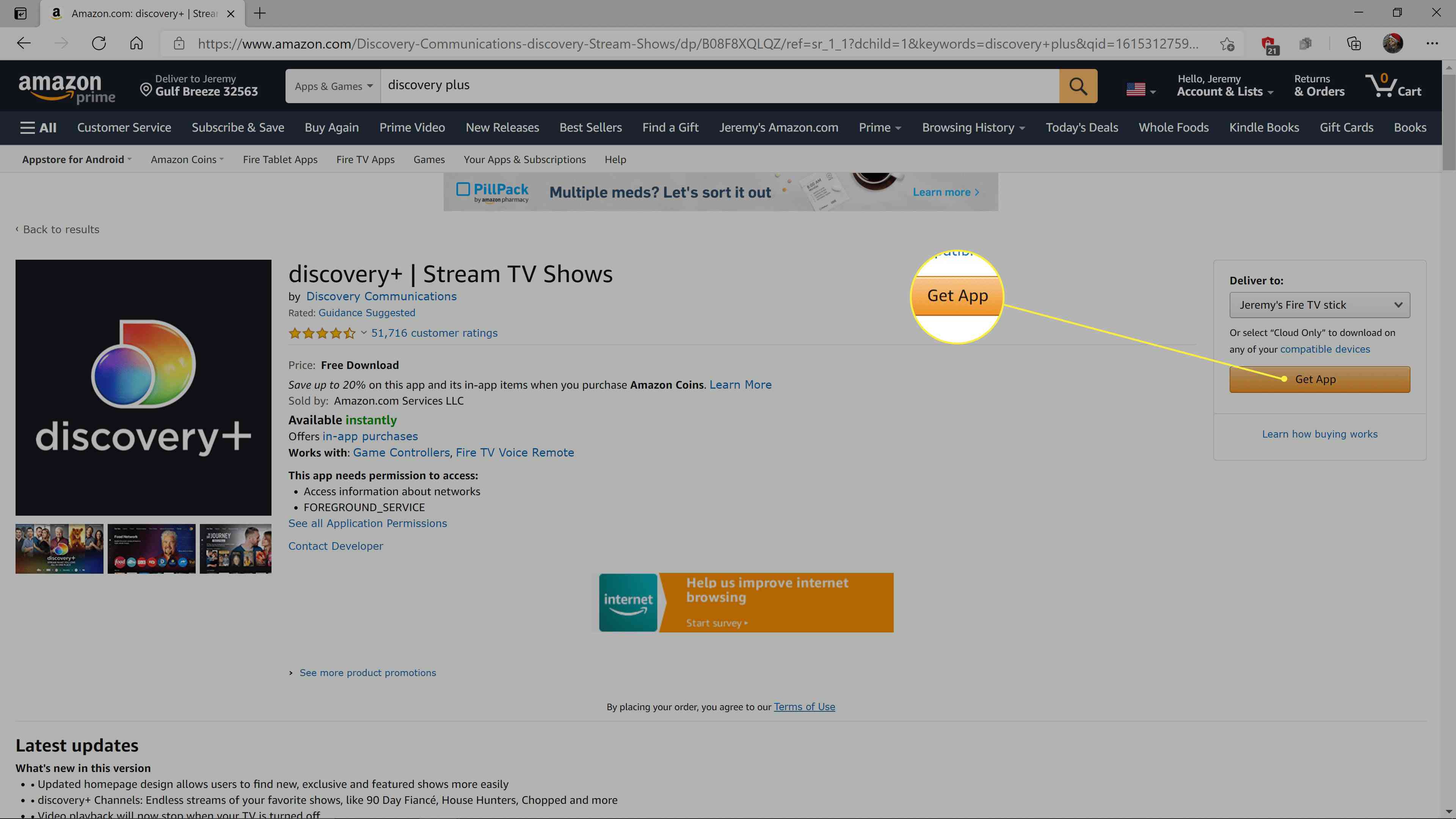 Získejte zvýraznění aplikace v seznamu Discovery + v obchodě s aplikacemi Amazon.