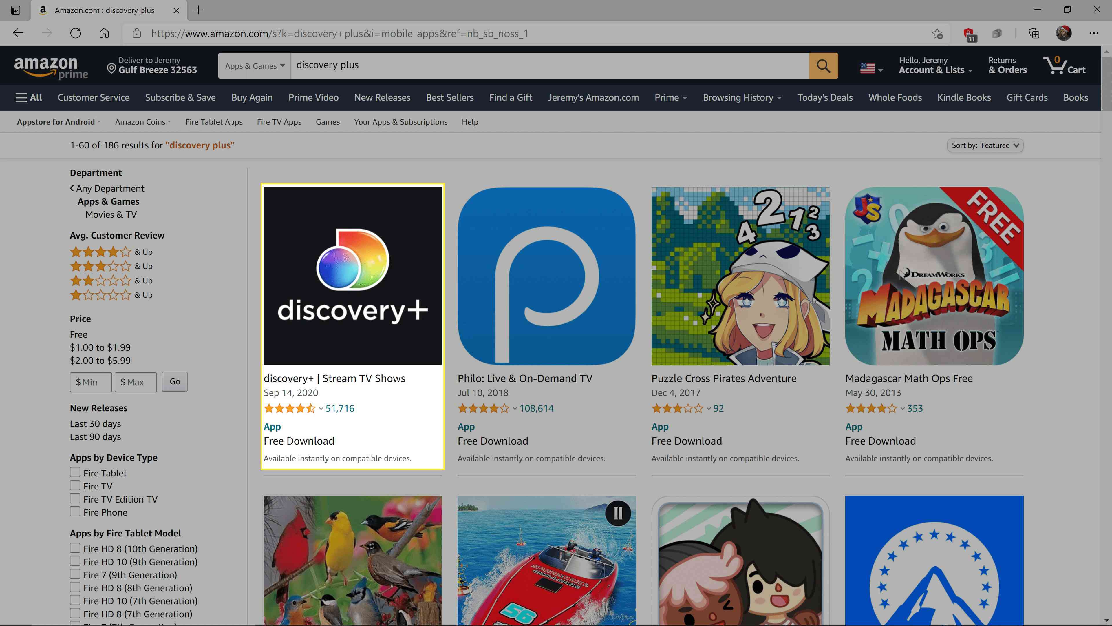Ve výsledcích vyhledávání aplikací a her Amazon je zvýrazněn Discovery +.