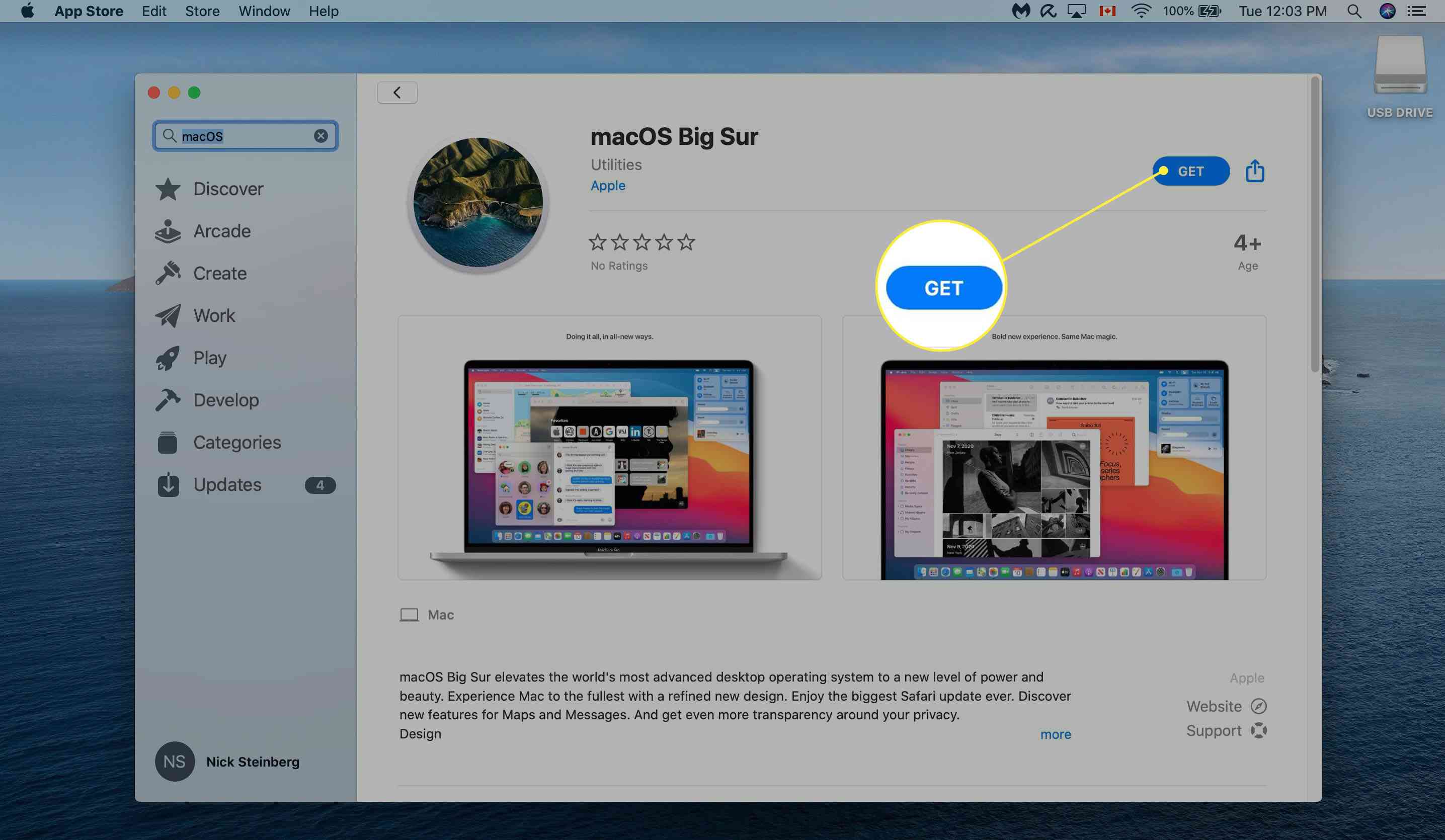 Stahování MacOS Big Sur z App Store.