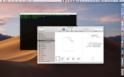 Terminál macOS se skrytými soubory v okně Finder překrytý