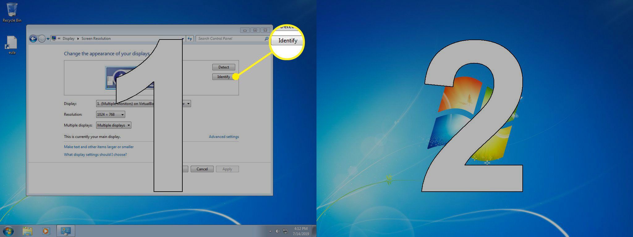 Tlačítko Identifikace v nastavení rozlišení Windows
