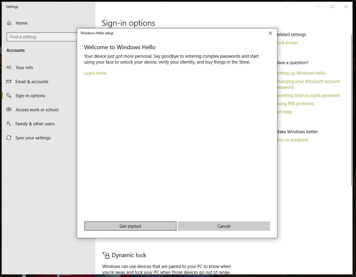 Screenshot obrazovky Začínáme s instalací Windows Hello