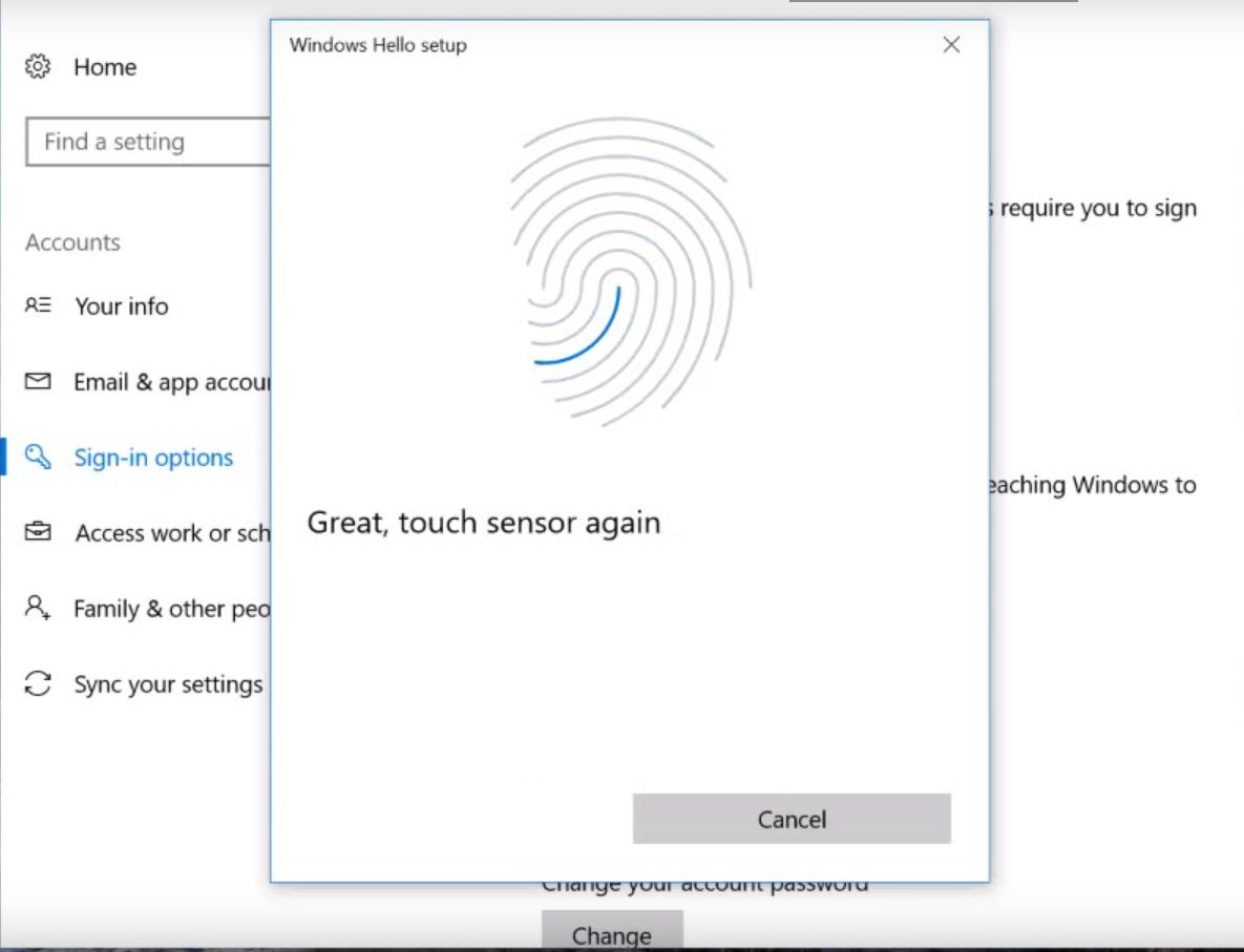 Screenshot nastavení Hello Fingerprint