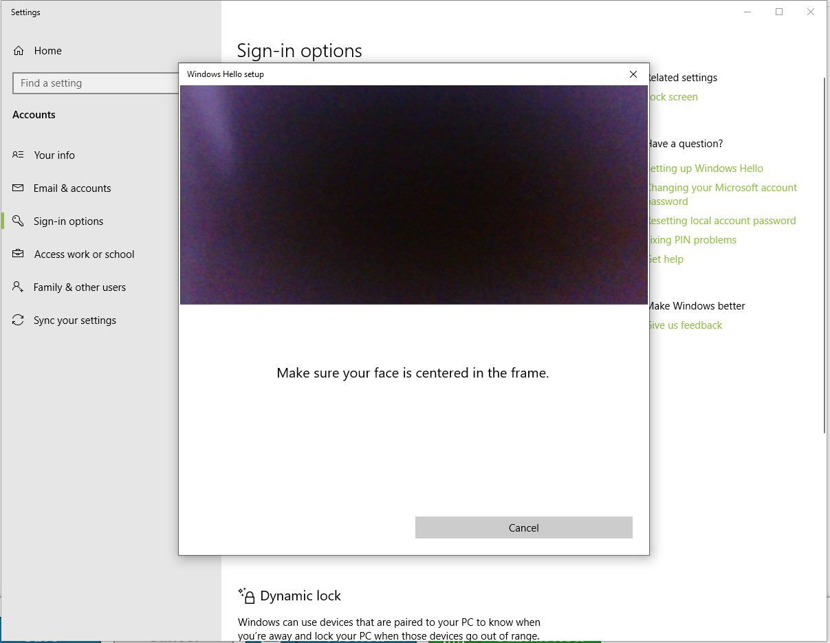 Screenshot nastavení Windows Hello Face