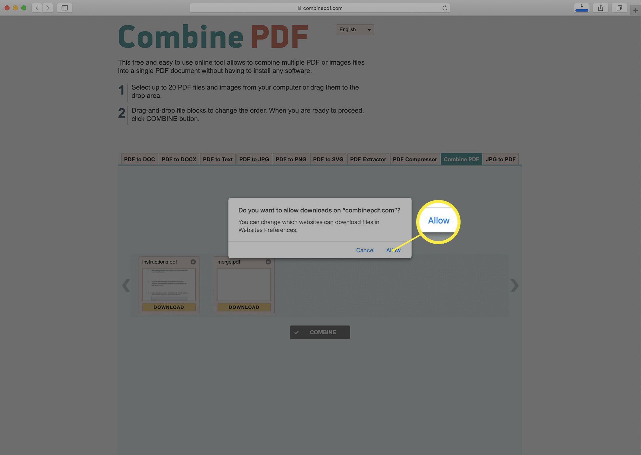 Screenshot stažení sloučeného PDF z webu Combine PDF.