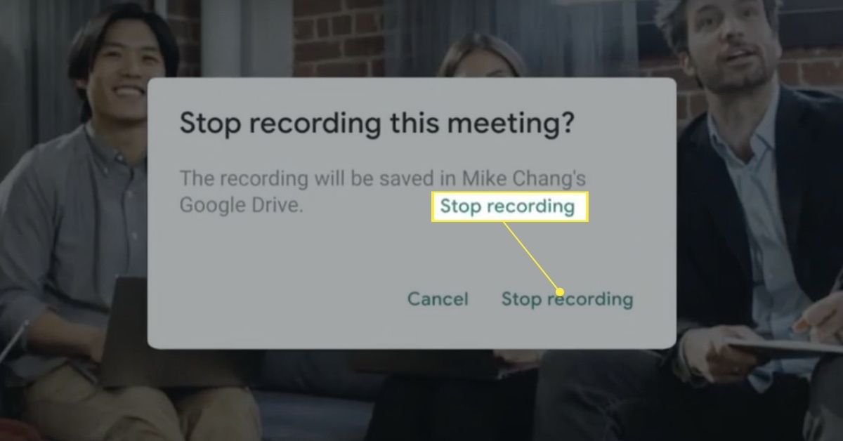 Zastavit nahrávání vyskakovacího okna s potvrzením na Google Meet.