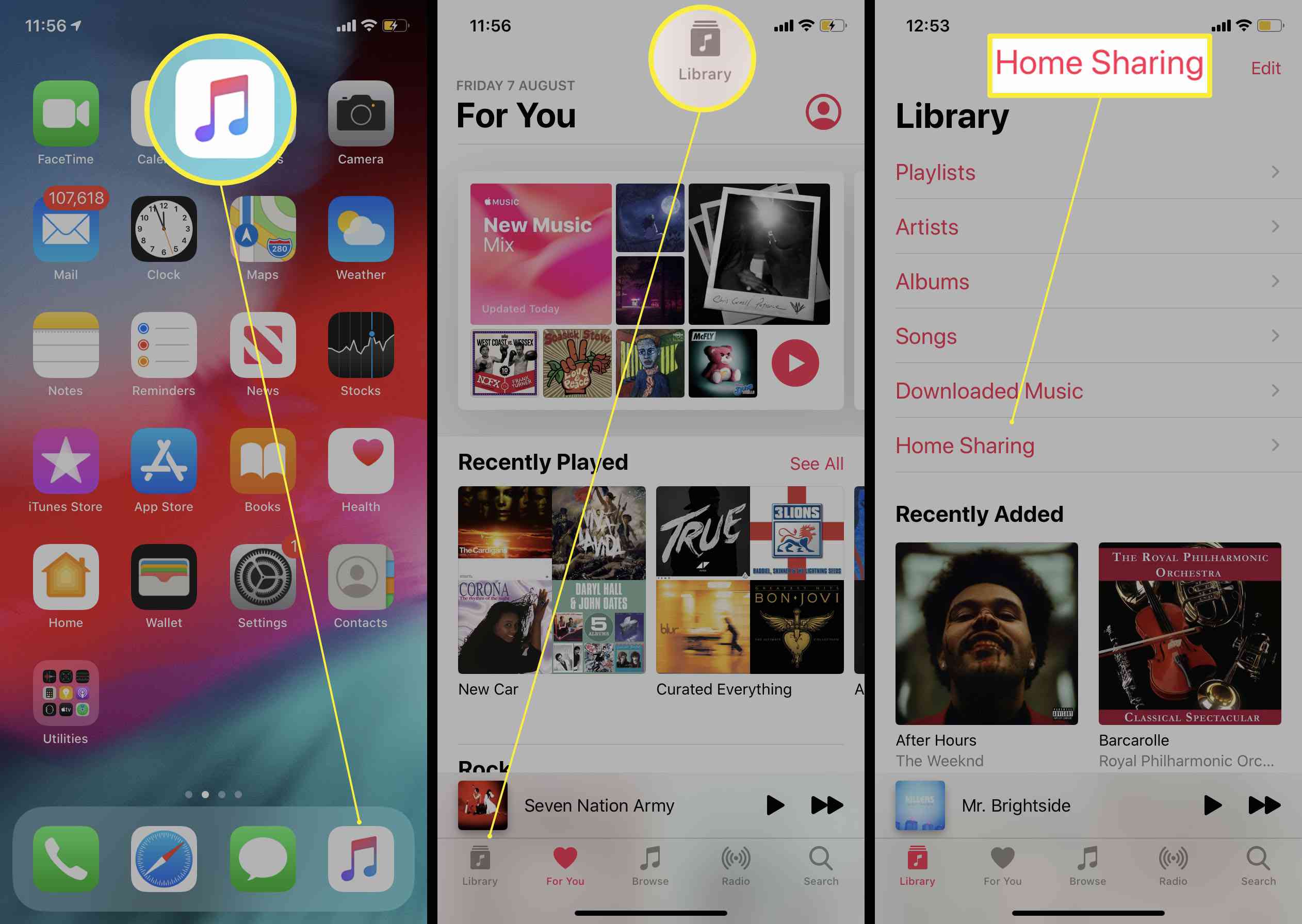 Hudební aplikace na iPhone se otevře se zvýrazněným seznamem skladeb Home Sharing