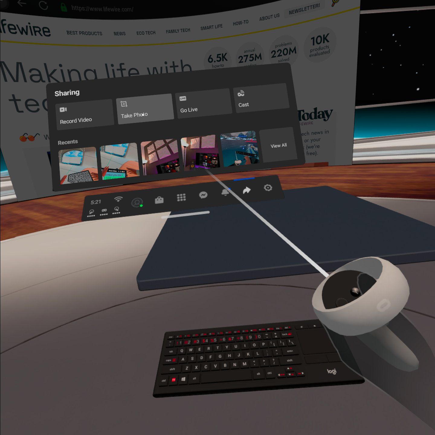 Pomocí webového prohlížeče a klávesnice Logitech K830 v Oculus VR