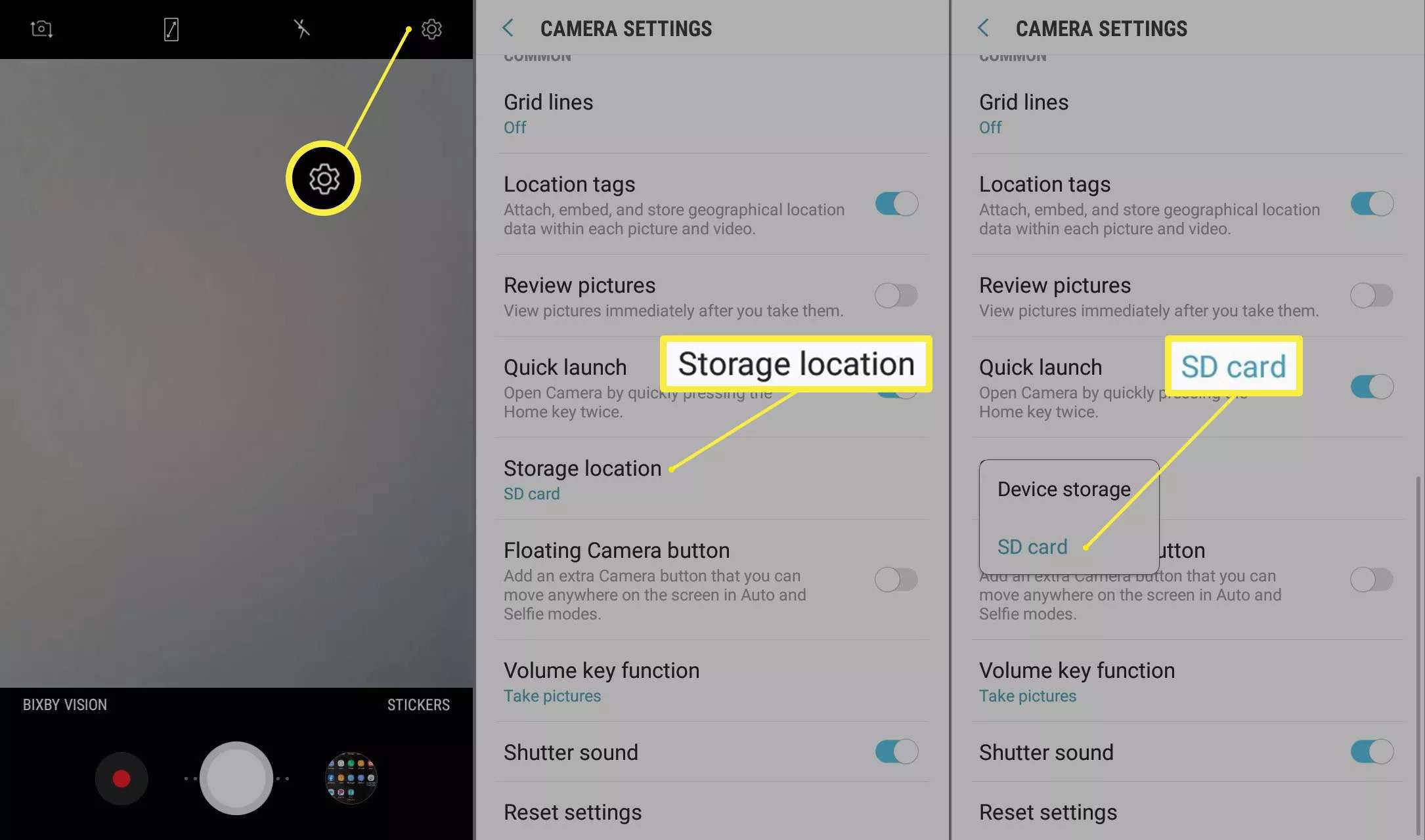 Nastavení zařízení, umístění úložiště a SD karty v aplikaci fotoaparátu Android.
