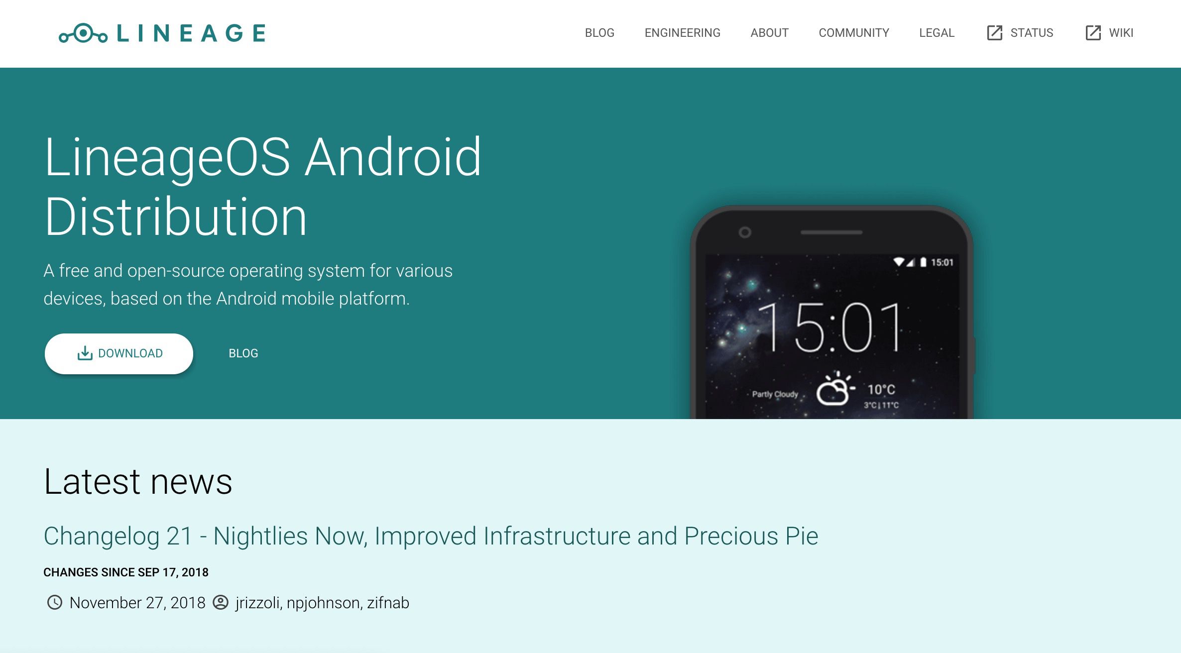 Webová stránka LineageOS pro Android