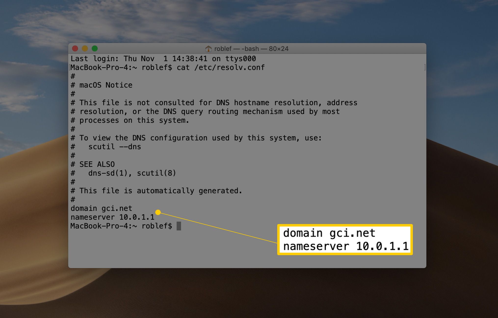 Okno terminálu macOS zobrazující výsledek příkazu cat /etc/resolv.conf, domény a nameserveru