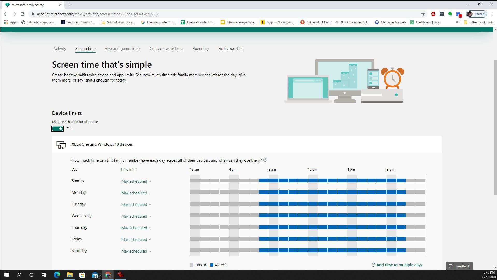 Screenshot záložky Čas na obrazovce Microsoft Family Safety Screen