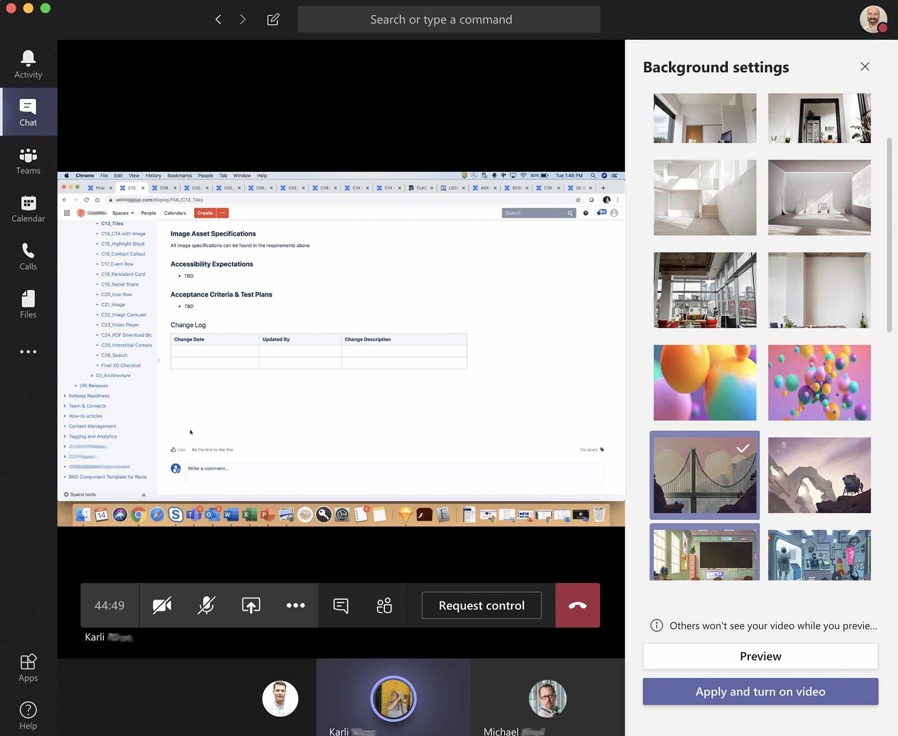 Screenshot náhledu efektů na pozadí Microsoft Teams