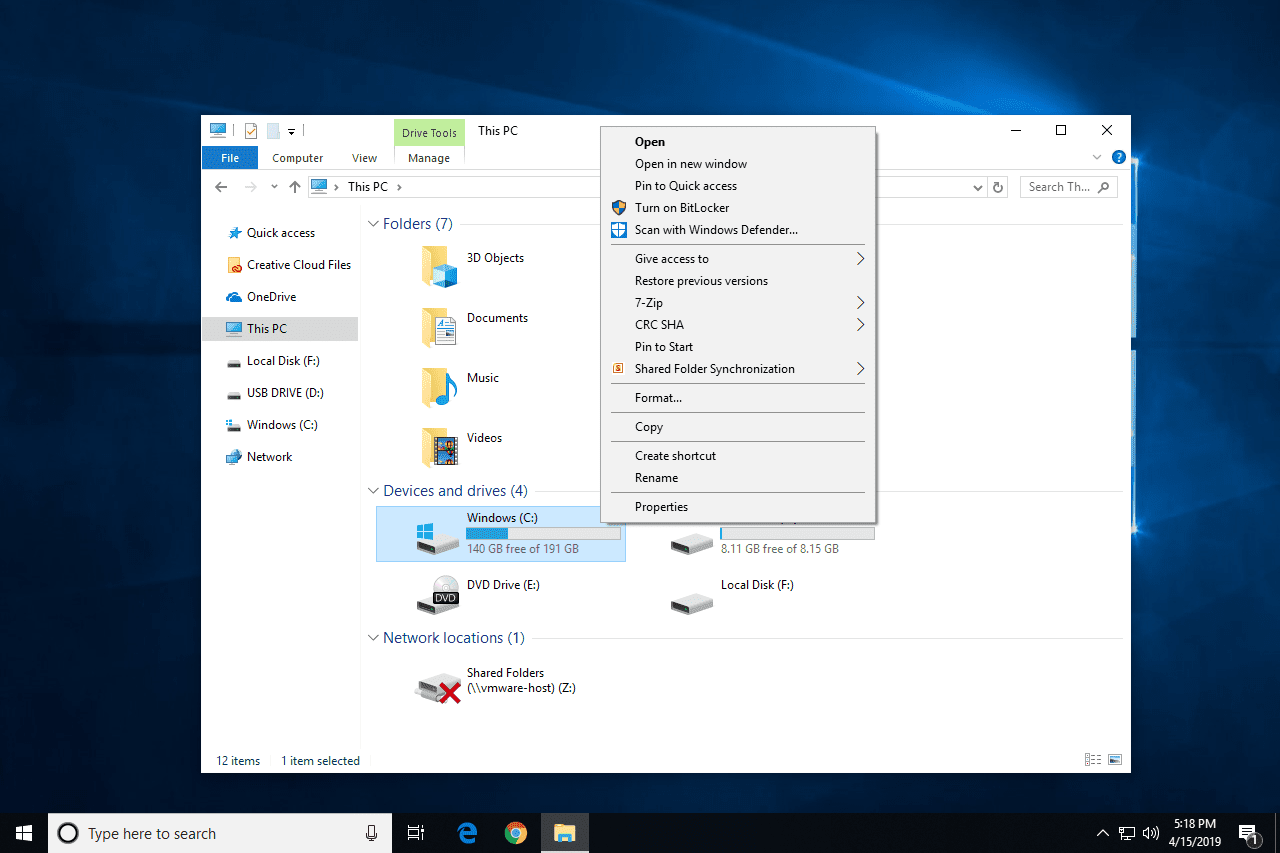 Možnosti nabídky pevného disku Windows 10