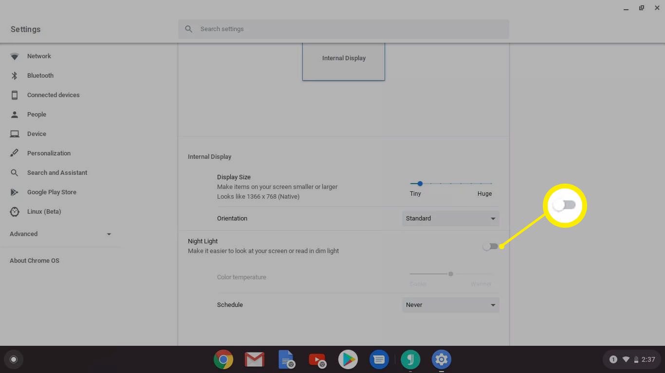 Nastavení nočního osvětlení v Chromebooku.