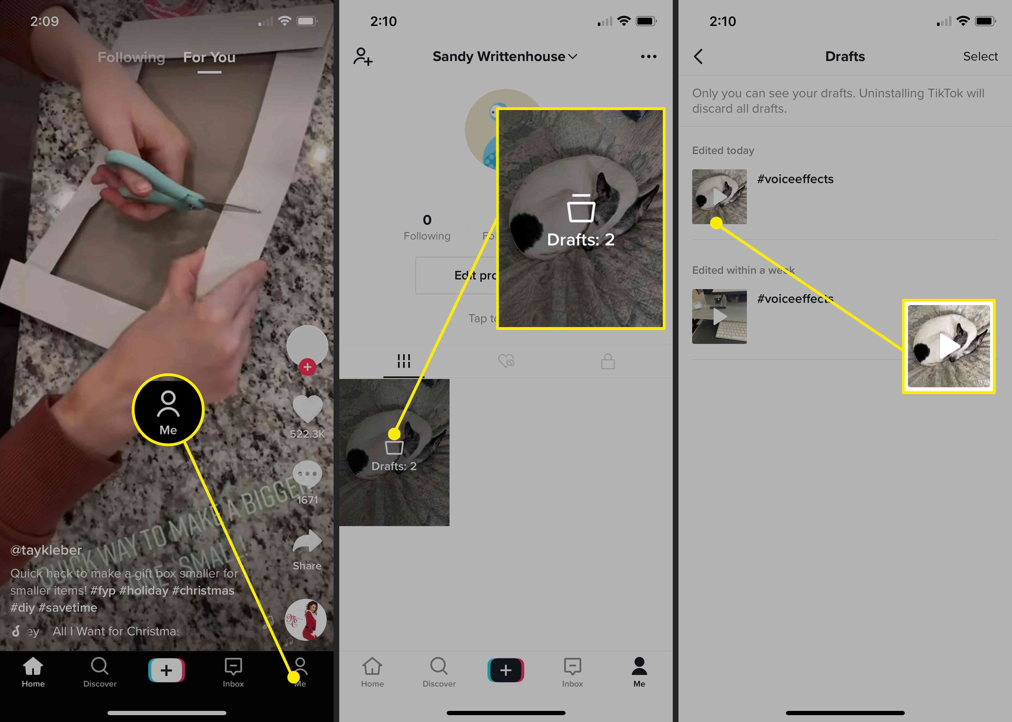 Screenshoty ukazující, jak získat přístup k konceptům videí na TikToku.
