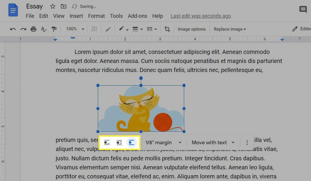 Přidání obrázku, který rozdělí text (takže obrázek je na vlastním řádku), do řádku v Dokumentech Google.