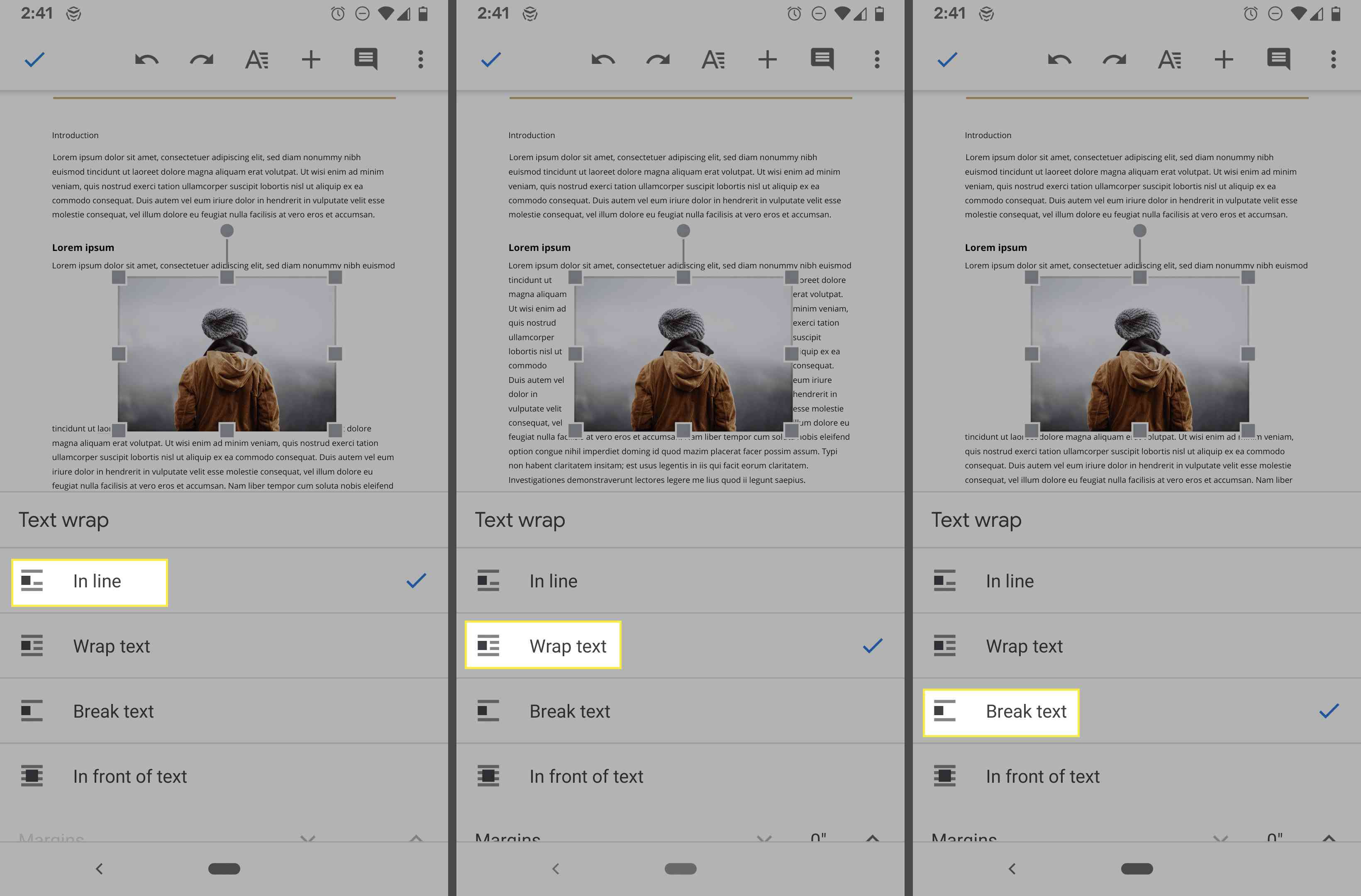 Nastavení zalamování textu v Dokumentech Google v systému Android.