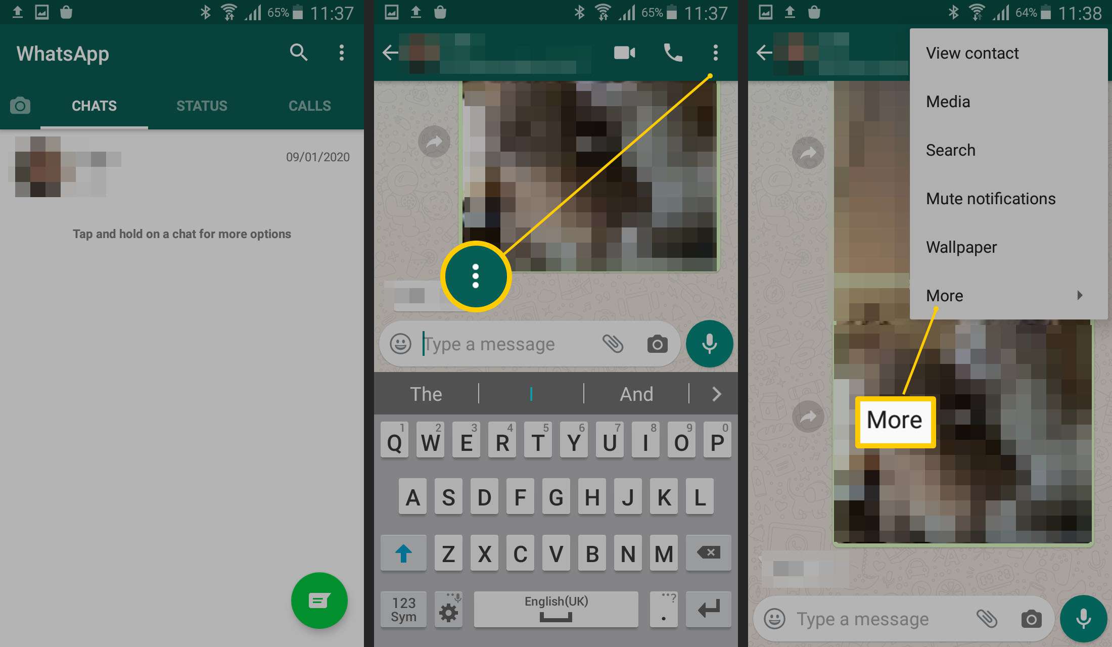 WhatsApp - kde klepnutím otevřete další nastavení v okně konverzace
