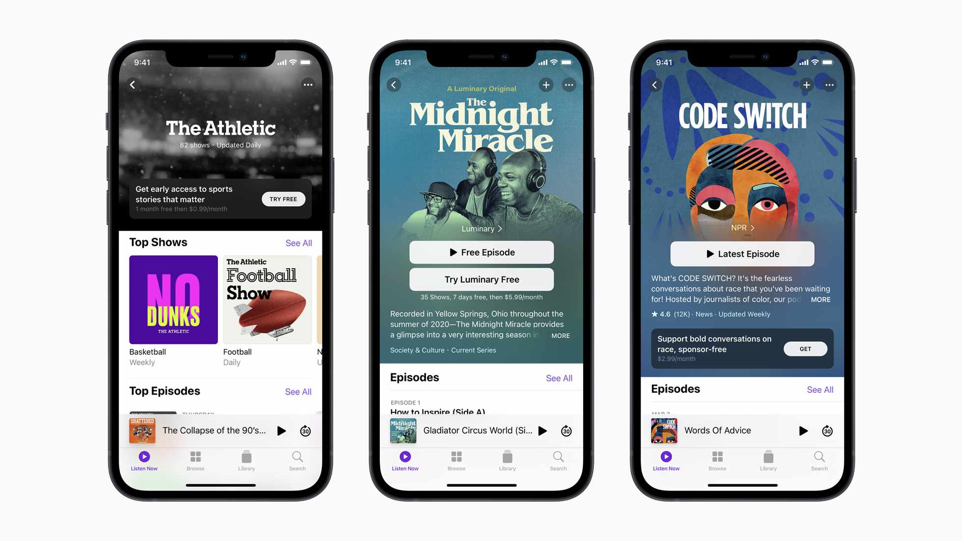 Screenshoty z mobilu nové aplikace Apple Podcasts Subscription.