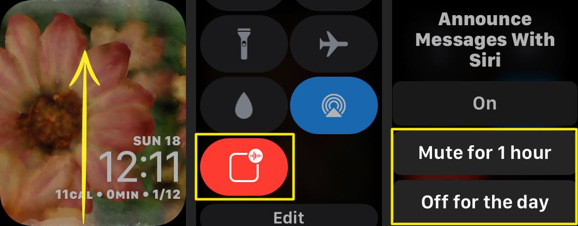 Screenshoty ukazující, jak zakázat oznamování zpráv pomocí Siri z Apple Watch. 