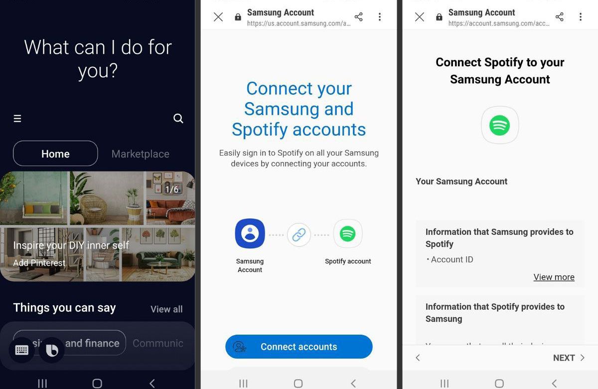 Screenshoty telefonu Samsung ukazující, jak propojit Bixby a Spotify