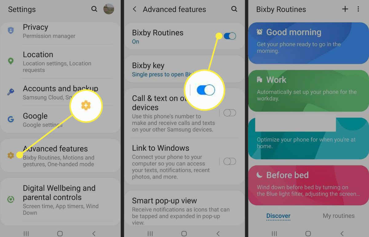Screenshoty telefonu Samsung se zvýrazněnými možnostmi Pokročilé funkce a Bixby Routines