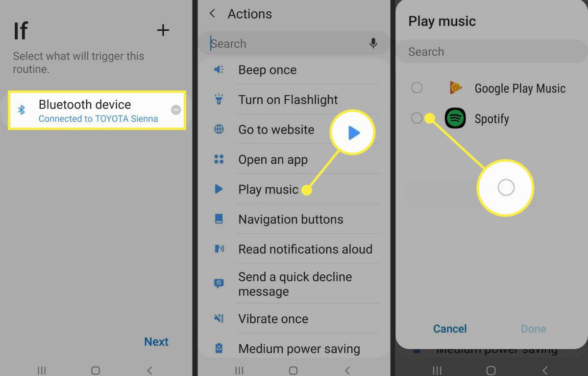 Screenshoty telefonu Samsung ukazující rutinu Bixby