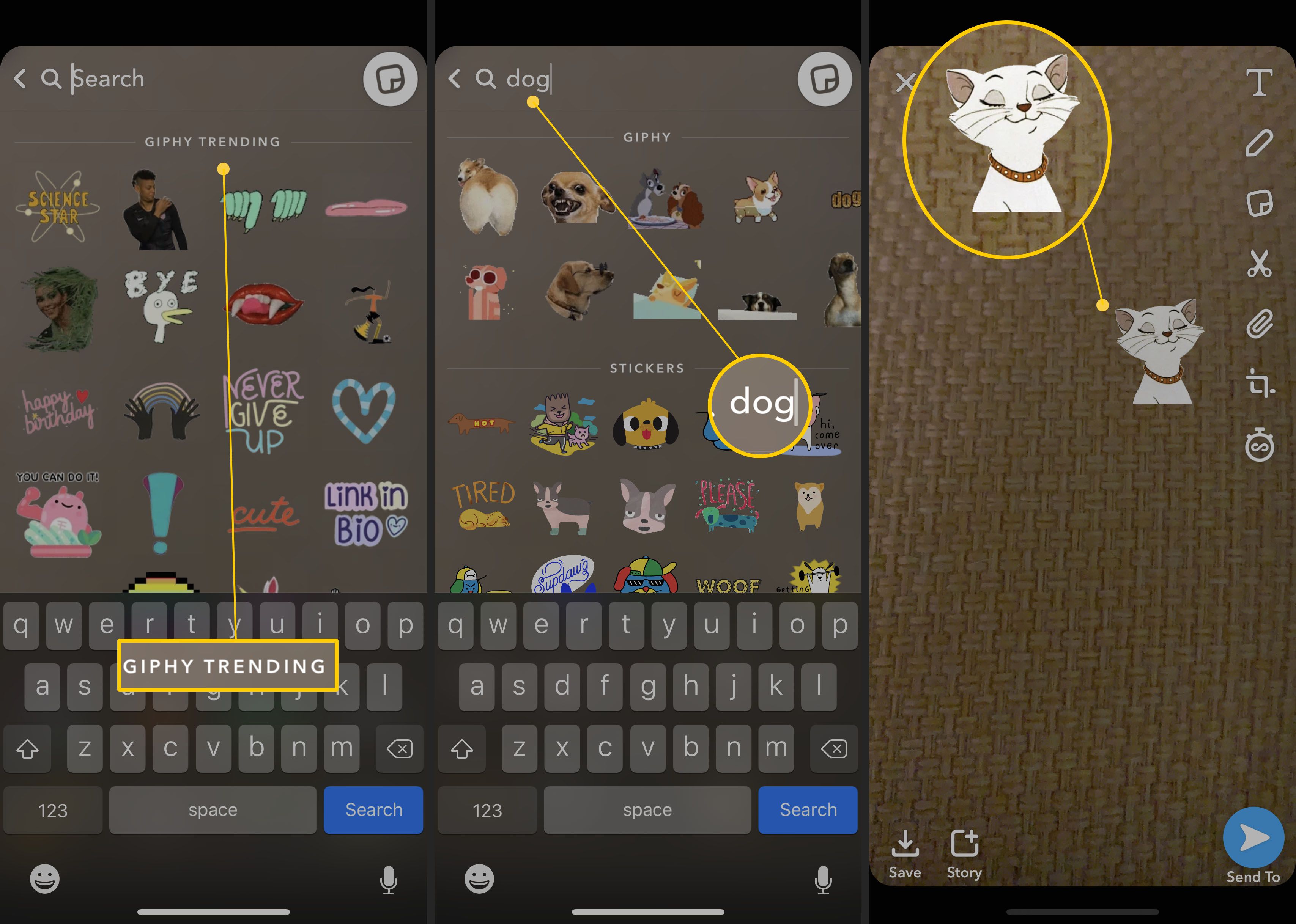 Kroky k hledání GIF přes GIF rozhraní Snapchatu