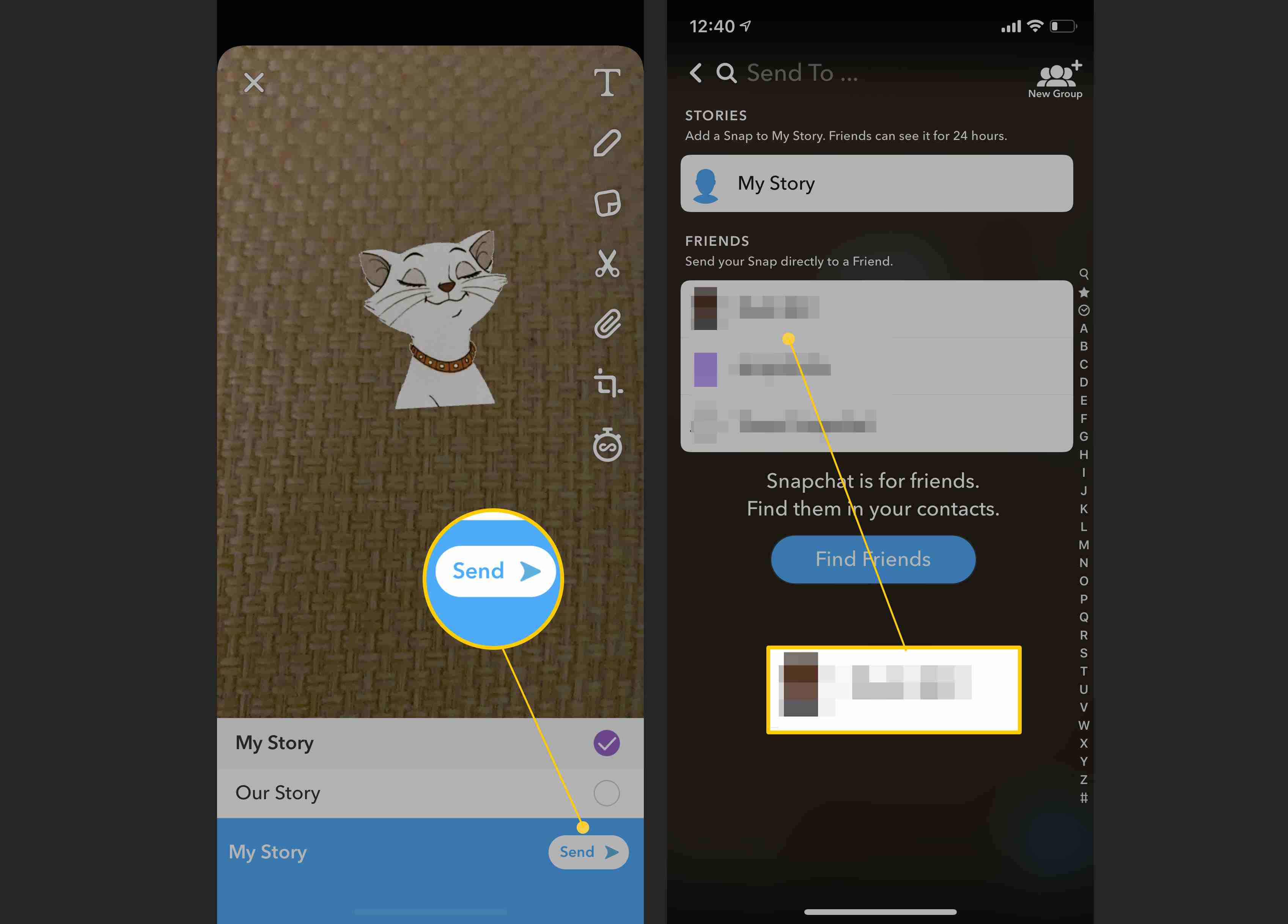 Odeslání zprávy Snapchat prostřednictvím příběhu nebo soukromé zprávy