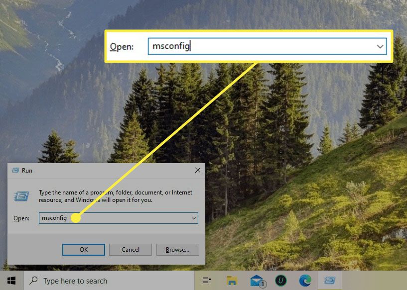 Příkaz msconfig v dialogovém okně Spustit Windows 10.