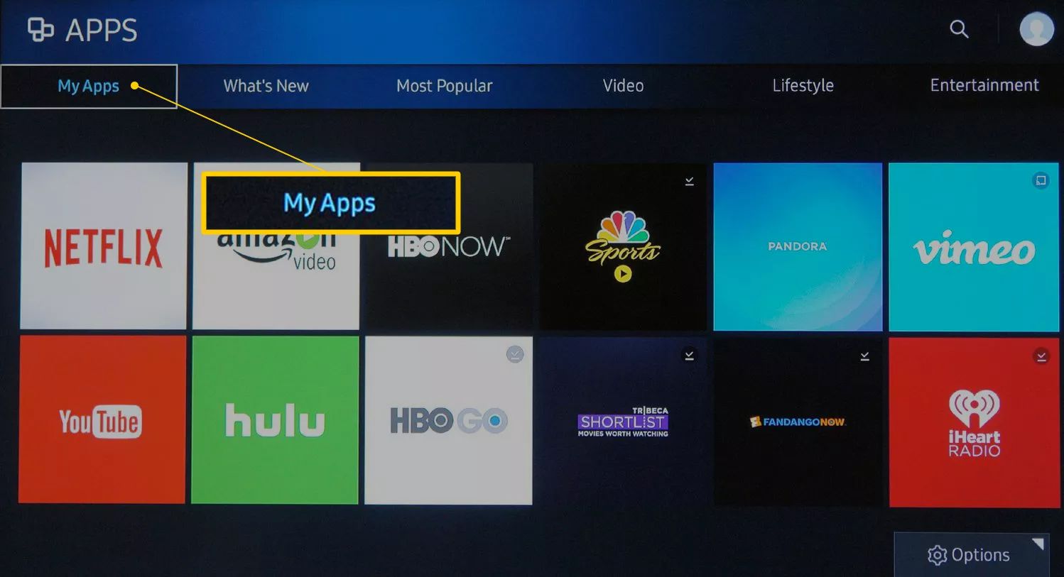 Obrazovka MyApps v obchodě Samsung Smart TV App Store