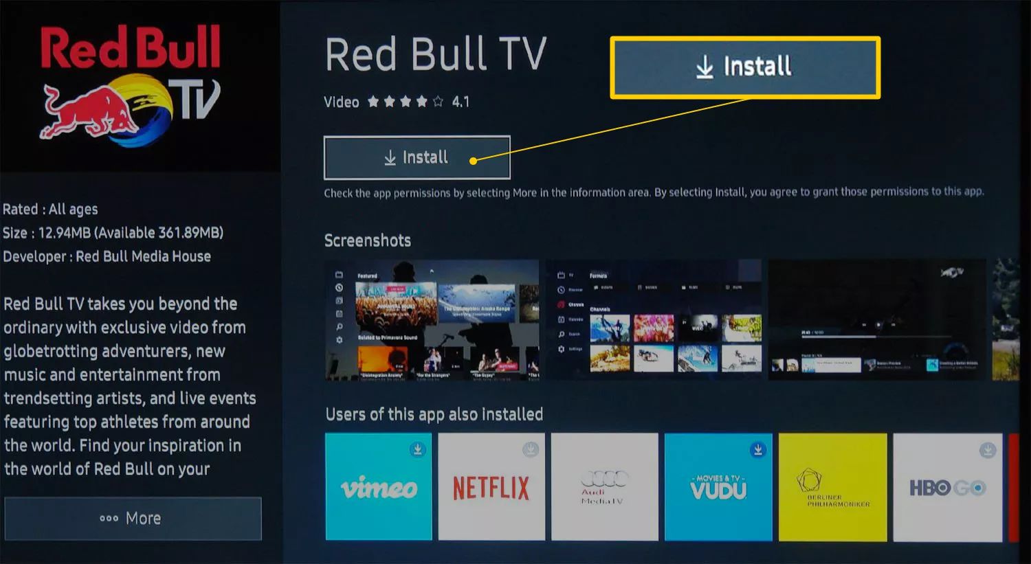 Vyberte Instalovat a přidejte aplikaci do Samsung Smart TV