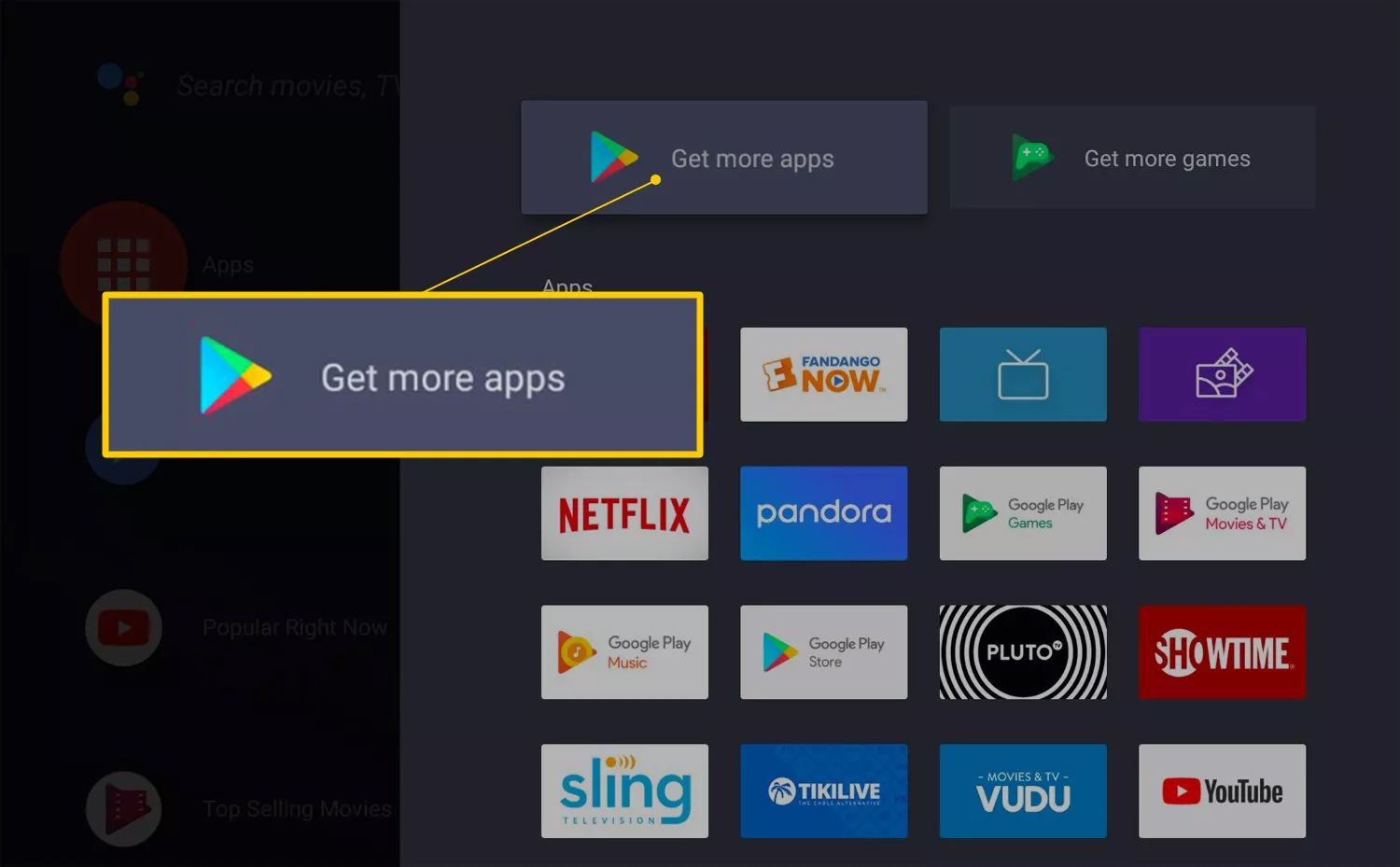 Tlačítko Získejte více aplikací na Android TV