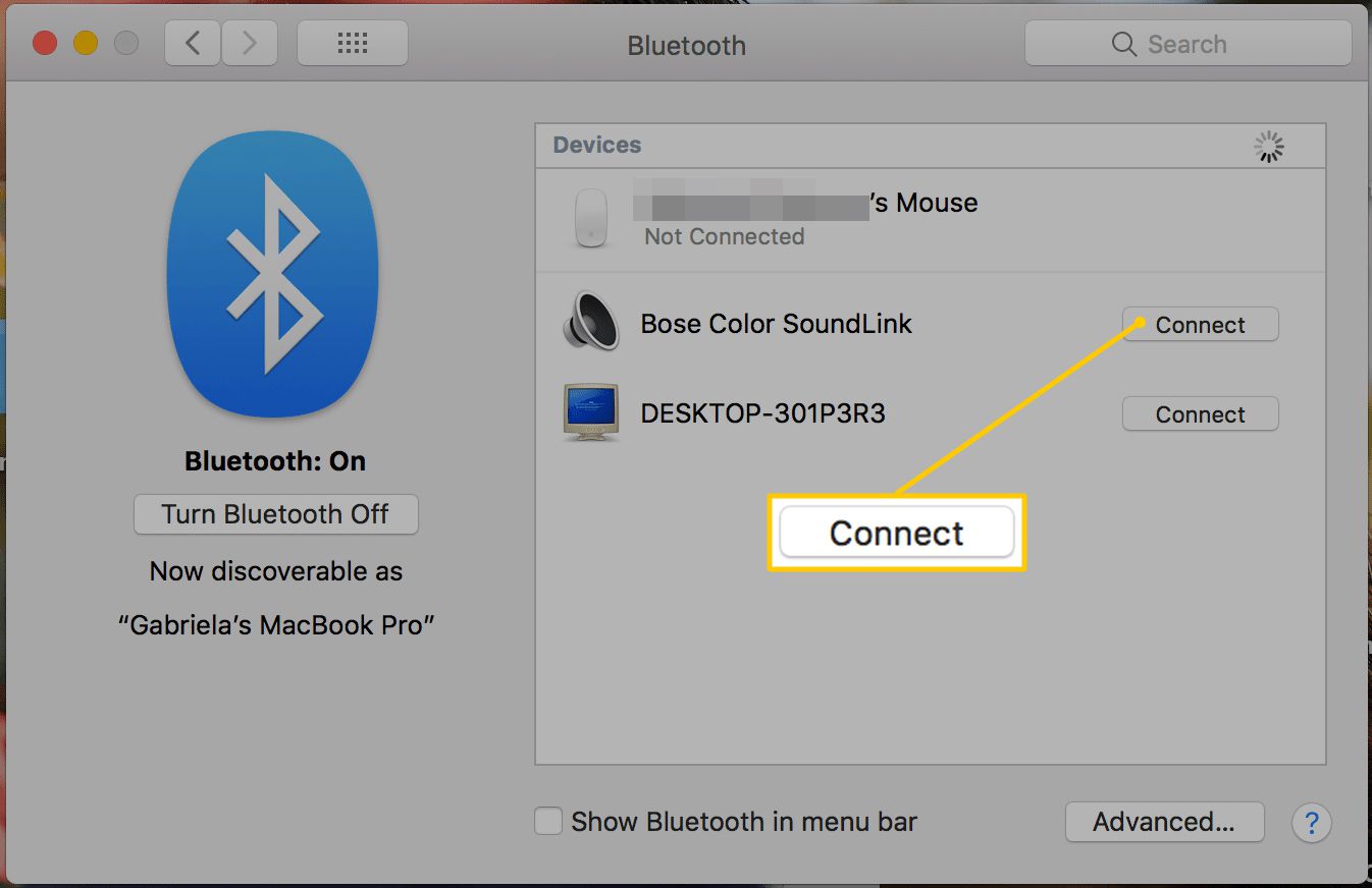Tlačítko připojení na macOS Bluetooth