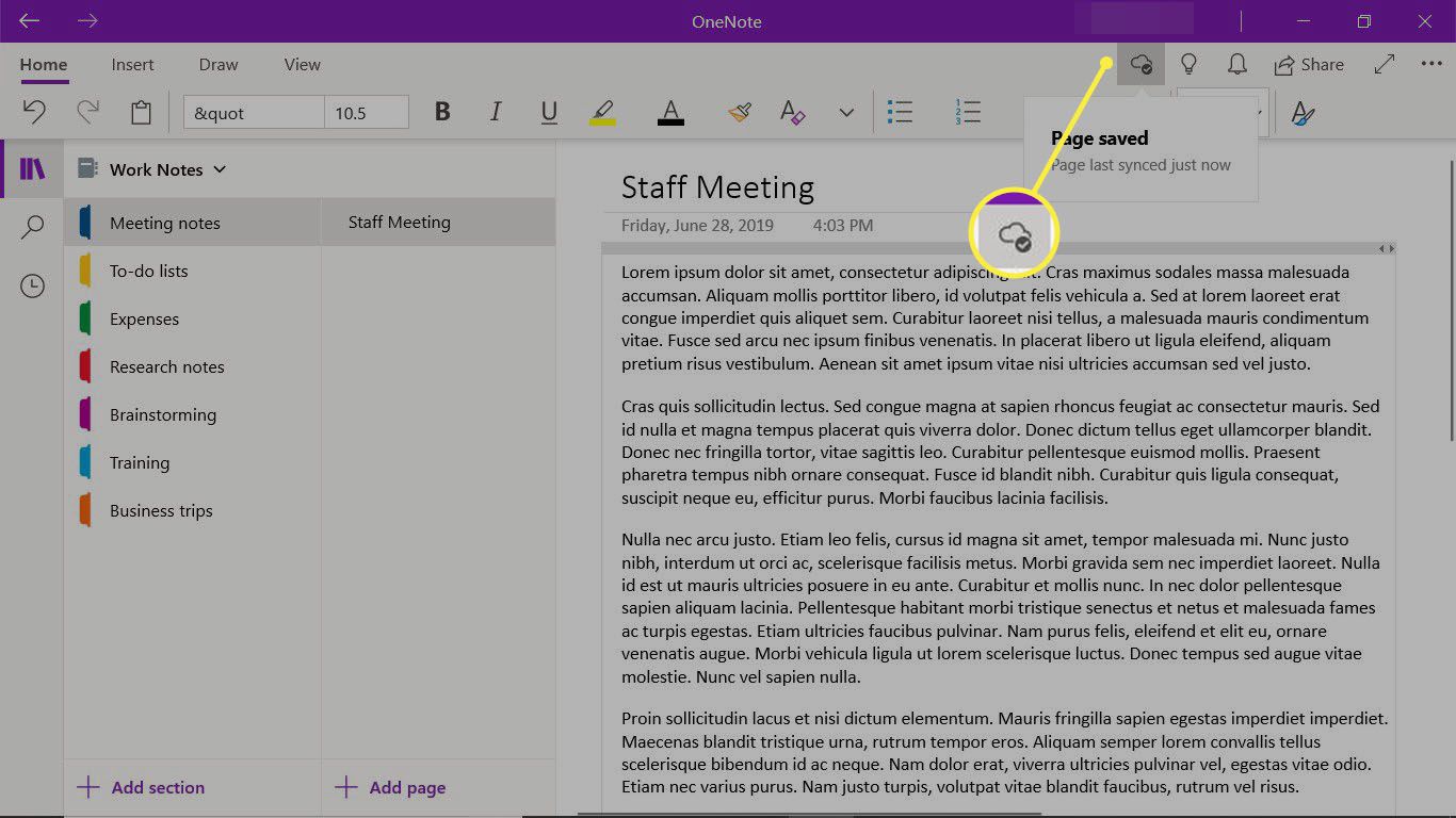 Tlačítko Stav synchronizace v desktopové aplikaci OneNote