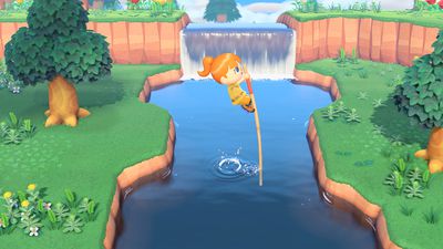 Postava skoky o tyči přes jezero ve hře Animal Crossing: New Horizons
